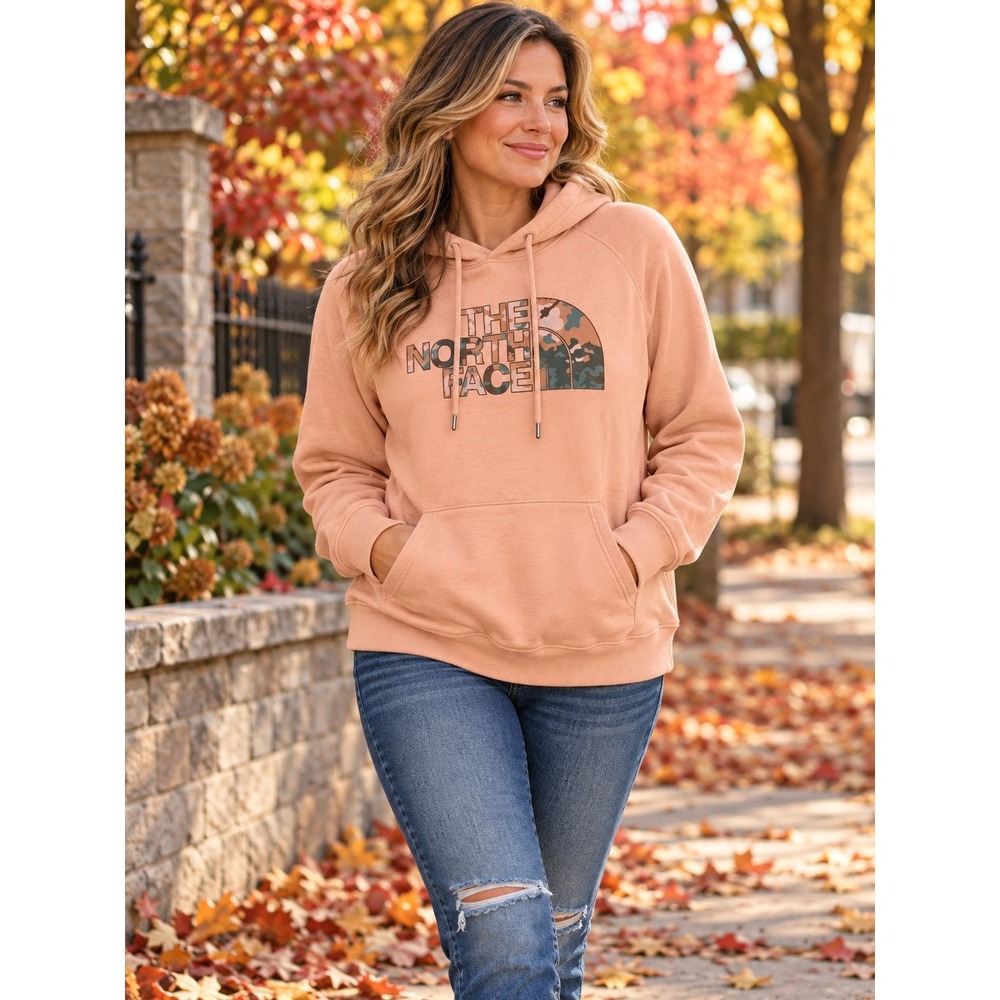 The North Face Womens XL Peach Pink Camo Logo Pullover Hoodie Sweatshirt Fleece